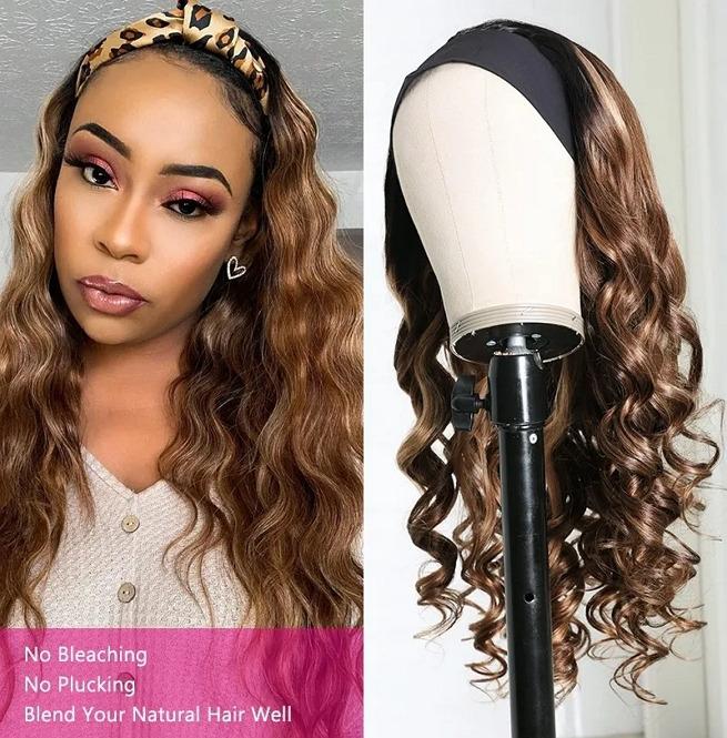 Brown Mixed Blonde Long Wave Hair Headband Wig