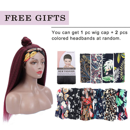 Wine Red Kinky Straight Long Hair Headband Glueless Wig