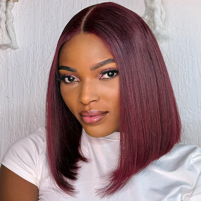 Blunt Cut Bob Wig 2x6/13x4 Lace Closure Straight #99J Red Colored Short Bob Wigs 220% Density