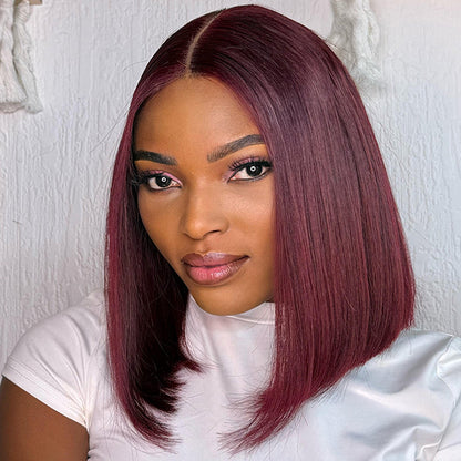 Blunt Cut Bob Wig 2x6/13x4 Lace Closure Straight #99J Red Colored Short Bob Wigs 220% Density