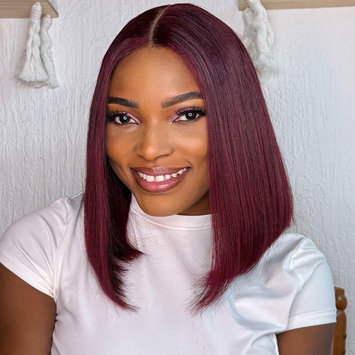Blunt Cut Bob Wig 2x6/13x4 Lace Closure Straight #99J Red Colored Short Bob Wigs 220% Density