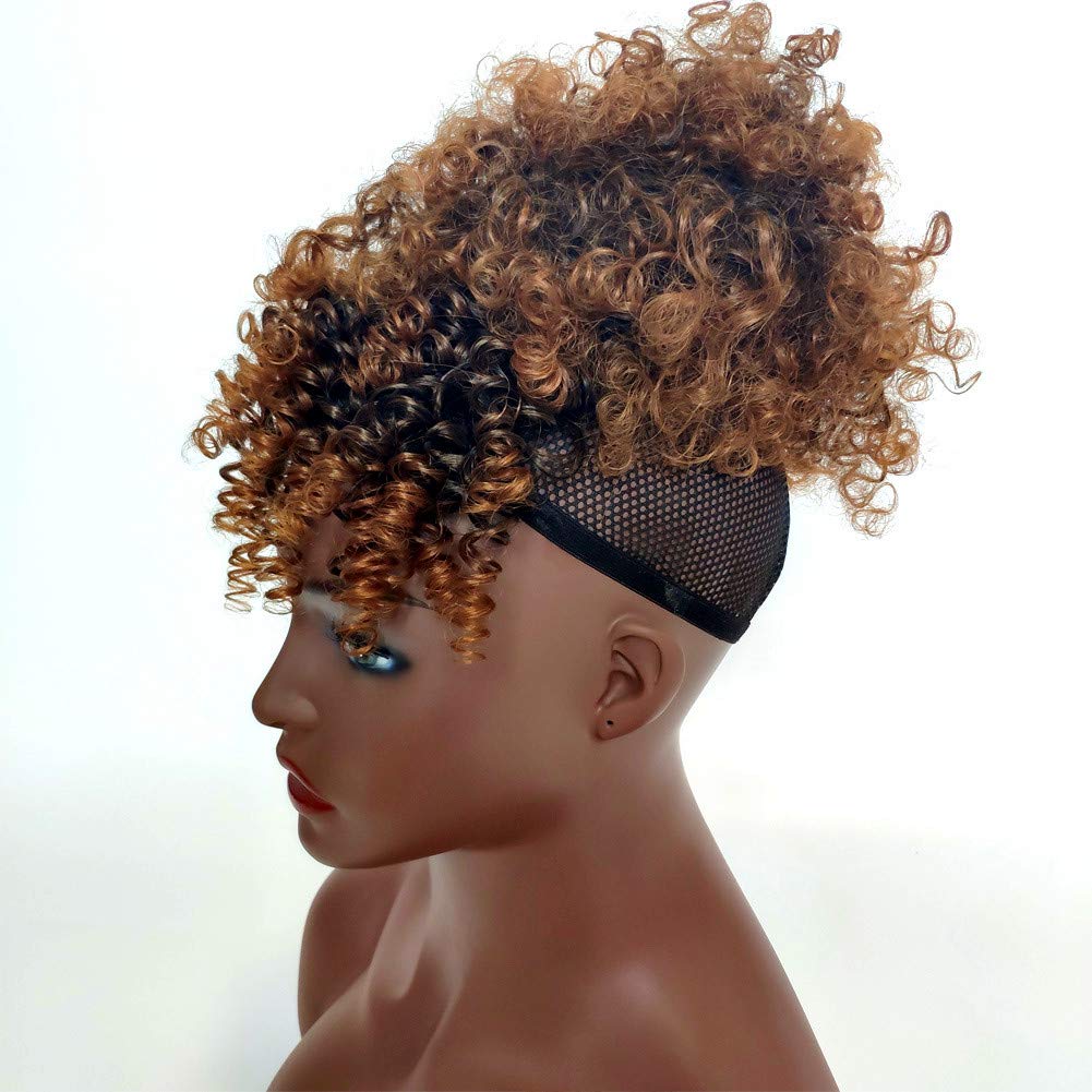 Light Brown Afro Puff Drawstring Ponytail with Bangs Wigs