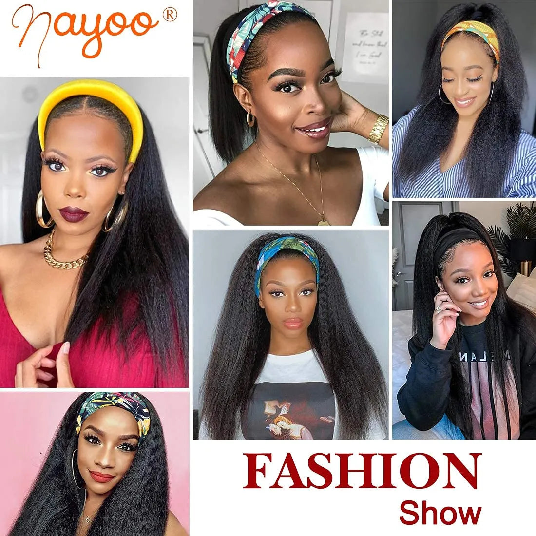 1B Black Kinky Straight Long Hair Headband Glueless Wig