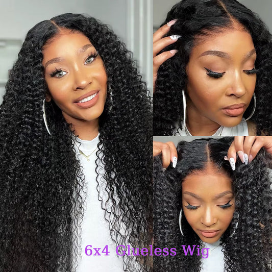 [Glueless Wig] 6X4&4X4 Pre-Cut Glueless Lace Closure Kinky Curly 3D Dome Cap 100%  Natural Color Wig