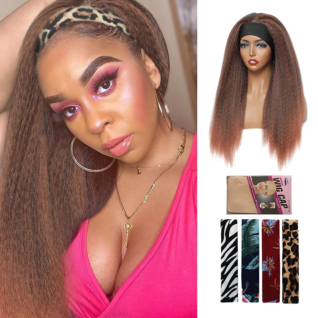 T30# Black Gradient Dark Brown Kinky Straight Long Hair Headband Glueless Wig