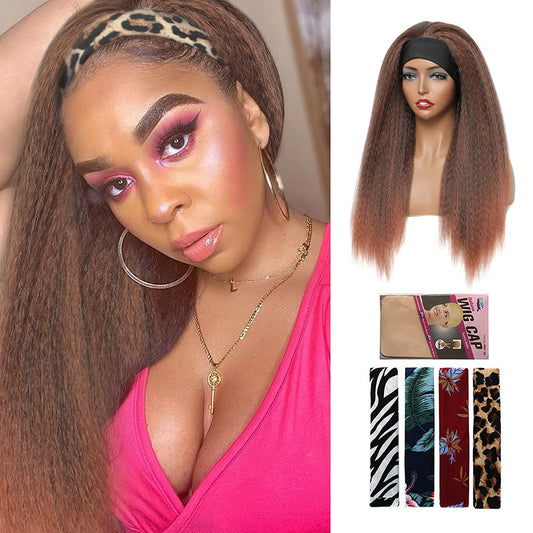 T30# Black Gradient Dark Brown Kinky Straight Long Hair Headband Glueless Wig