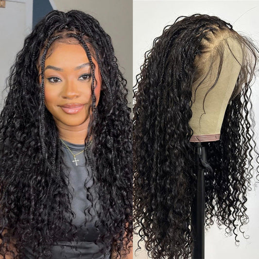 Knotless Boho Braided Curly Wigs Drawstring Full Frontal HD Lace Braided Lace Glueless Wigs