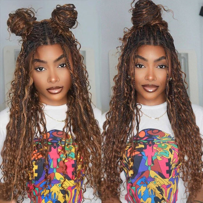 Glueless Pull Go Drawstring 13x6 HD Lace Frontal Colored Boho Braided Water Wave Wigs