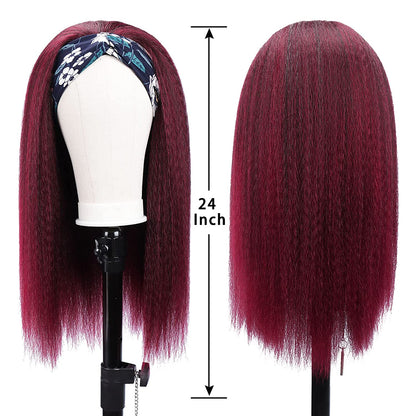 Wine Red Kinky Straight Long Hair Headband Glueless Wig