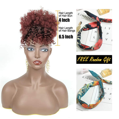 Burgundy Red Afro Puff Drawstring Ponytail with Bangs Wigs