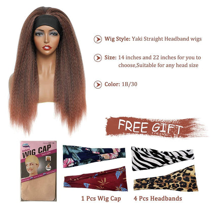 T30# Black Gradient Dark Brown Kinky Straight Long Hair Headband Glueless Wig