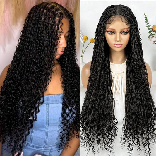 BohoFull Lace Braided Wig, Long Wavy Crochet Braids Wig With Baby Hair, Handmade No-Knot Woven Braid Wave Headband Hair Extension