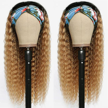 Black Mixed Blonde Curly Long Hair Headband Glueless Wig