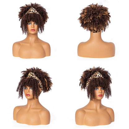 Hot Sexy Kinky Curly Mixed Brown Wigs with Leopard Headband
