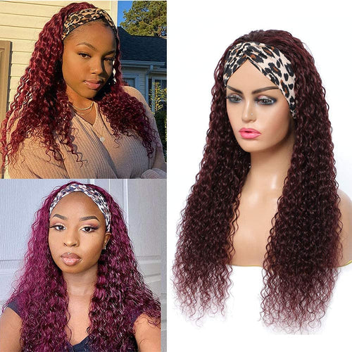 Wine Red Curly Long Hair Headband Glueless Wig