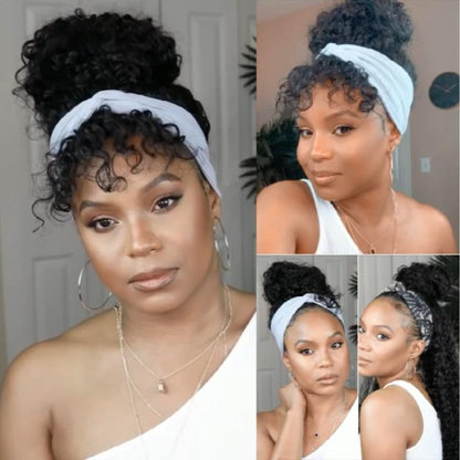 Natural Black Curly Long Hair Headband Glueless Wig