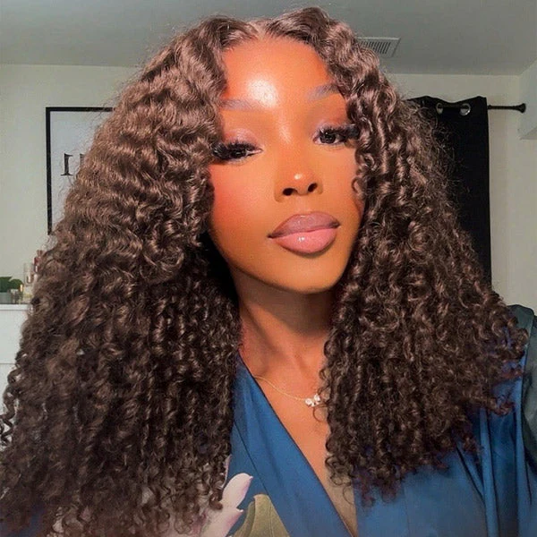 [Glueless Wig]  Burmese Curly Chocolate Brown Color Pre-Cut 5X5/4x4 Lace Wear Go Wig