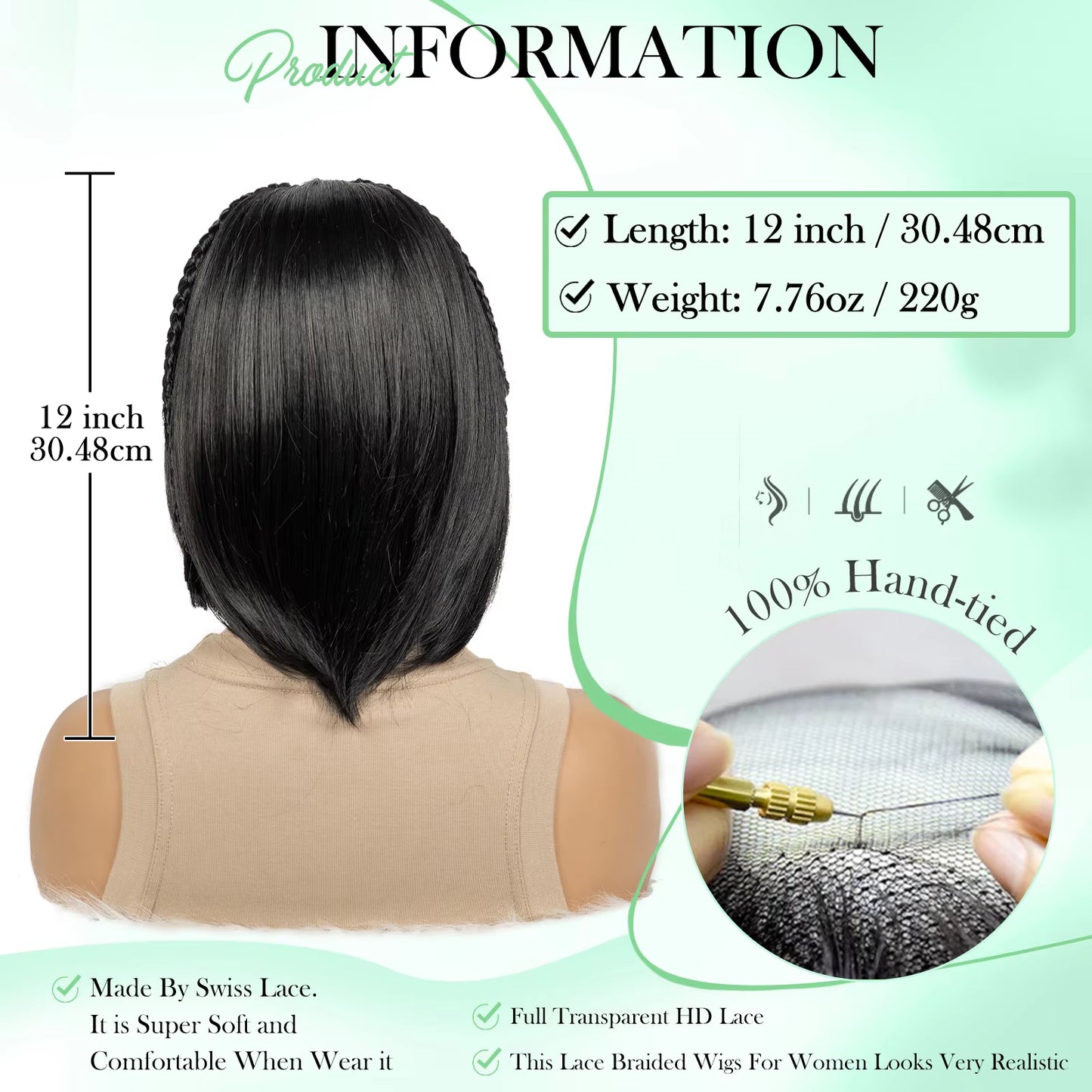 12inch Cornrow Braided Bob Wigs 13x4 Transparent Lace Frontal Short Natural Straight Wigs with Braids
