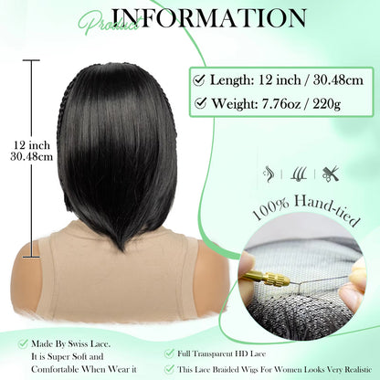 12inch Cornrow Braided Bob Wigs 13x4 Transparent Lace Frontal Short Natural Straight Wigs with Braids