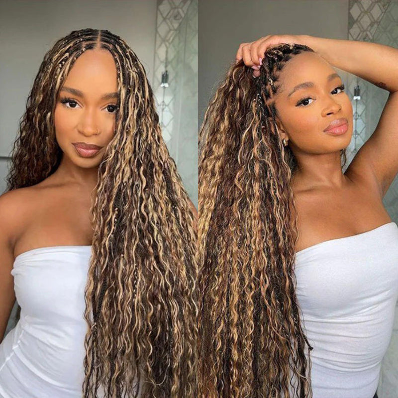 Glueless Pull Go Drawstring 13x6 HD Lace Frontal Colored Boho Braided Water Wave Wigs