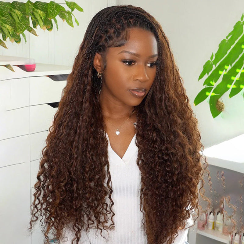 Glueless Pull Go Drawstring 13x6 HD Lace Frontal Colored Boho Braided Water Wave Wigs