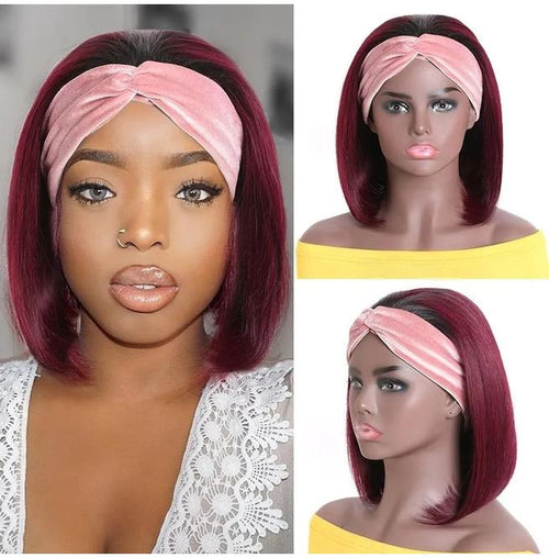 Wine Red Straight Hair Bob Headband Wigs
