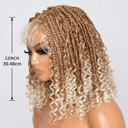 Glueless Full Lace Curly Wave Braided Wigs Honey Blonde Color Boho Braided Wigs Put on And Go Wig