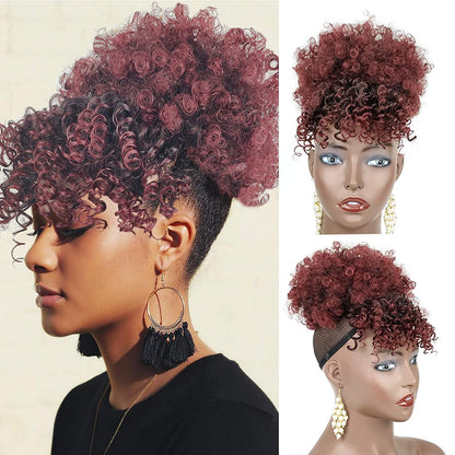 Burgundy Red Afro Puff Drawstring Ponytail with Bangs Wigs