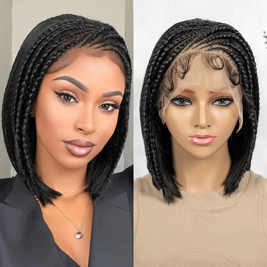 12inch Cornrow Braided Bob Wigs 13x4 Transparent Lace Frontal Short Natural Straight Wigs with Braids