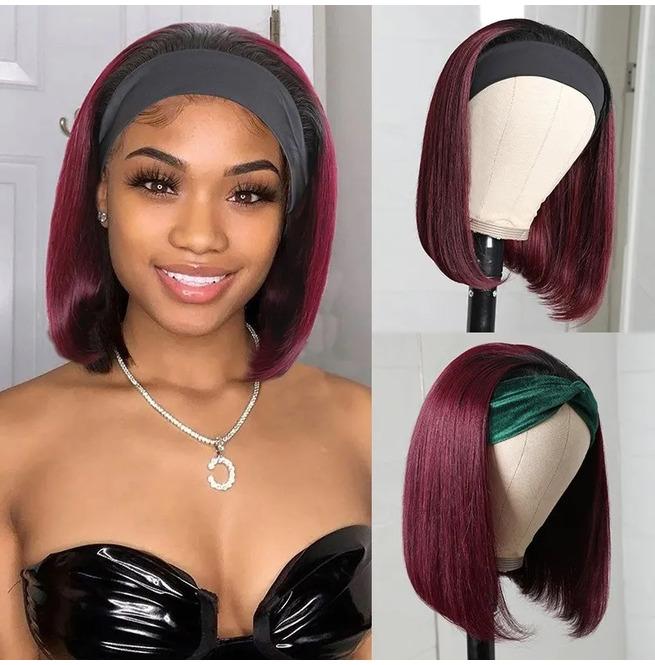 Wine Red Straight Hair Bob Headband Wigs