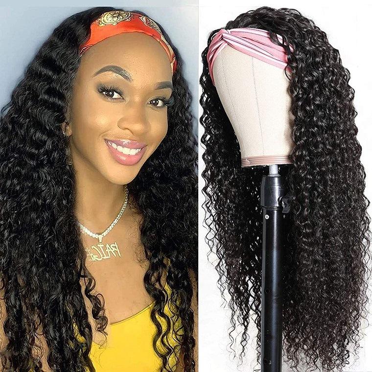 Natural Black Curly Long Hair Headband Glueless Wig