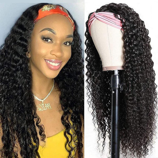 Natural Black Curly Long Hair Headband Glueless Wig