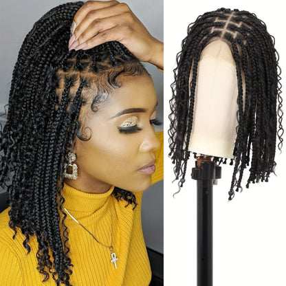 12-Inch Short Boho Braided Wigs for Women Featuring a Full Double Lace Knotless Design with Bohemian Curly Box Braids
