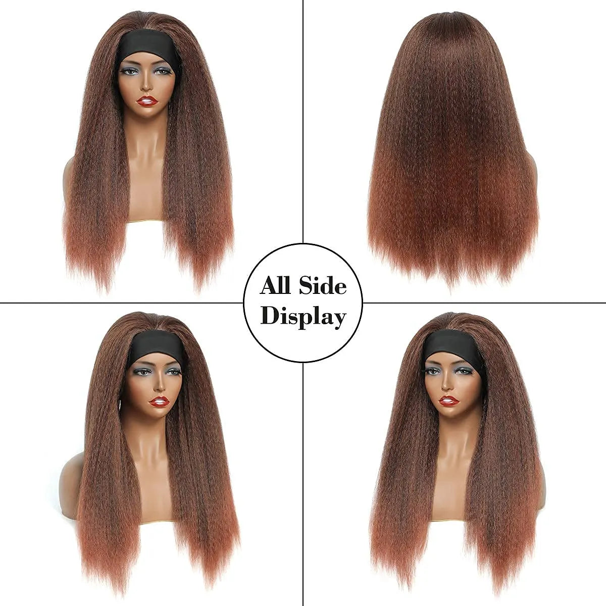 T30# Black Gradient Dark Brown Kinky Straight Long Hair Headband Glueless Wig