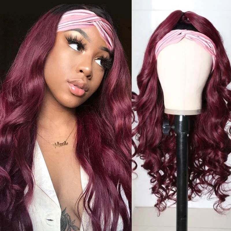 Wine Red Long Wave Hair Headband Wig