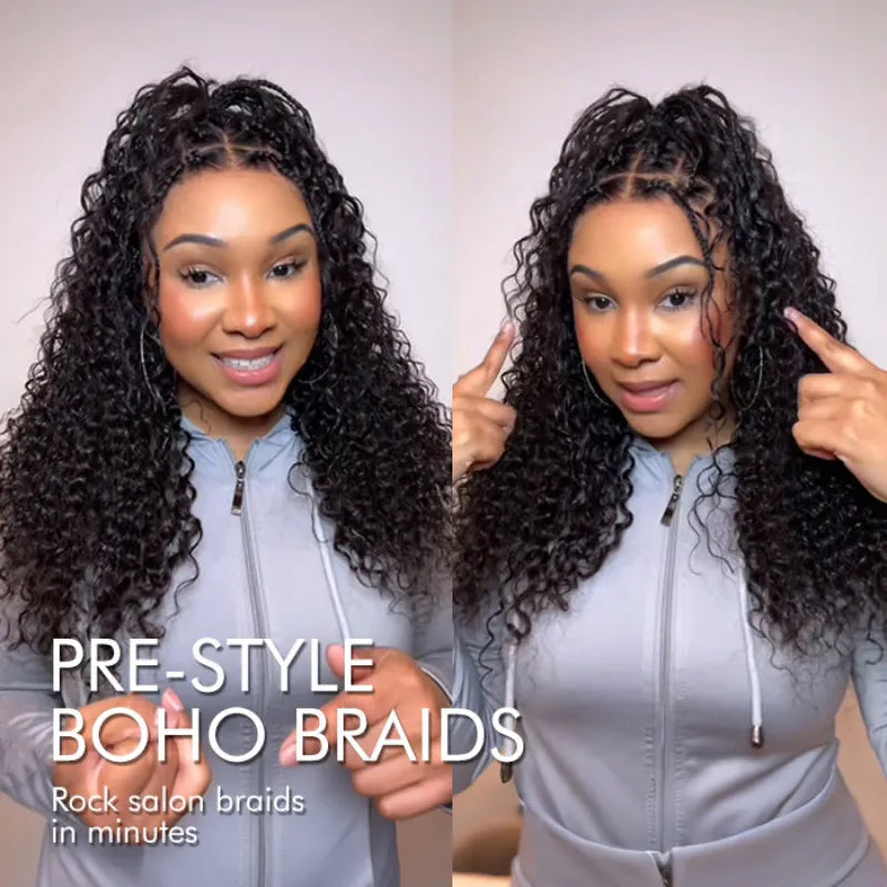 Knotless Boho Braided Curly Wigs Drawstring Full Frontal HD Lace Braided Lace Glueless Wigs