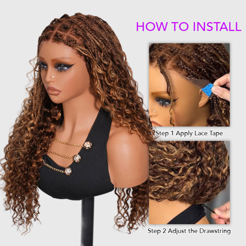 Knotless Boho Braids HD 13x6 Lace Frontal Wig Flexi Fit Drawstring Cap Water Wave Glueless Braided Wigs