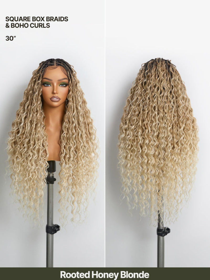 Full Lace Boho Braids Synthetic Box Braid Wig – Grid-Part Top with Mixed Boho Curls