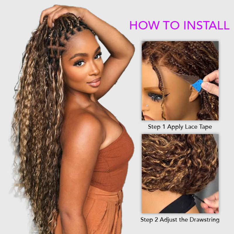 Glueless Pull Go Drawstring 13x6 HD Lace Frontal Colored Boho Braided Water Wave Wigs