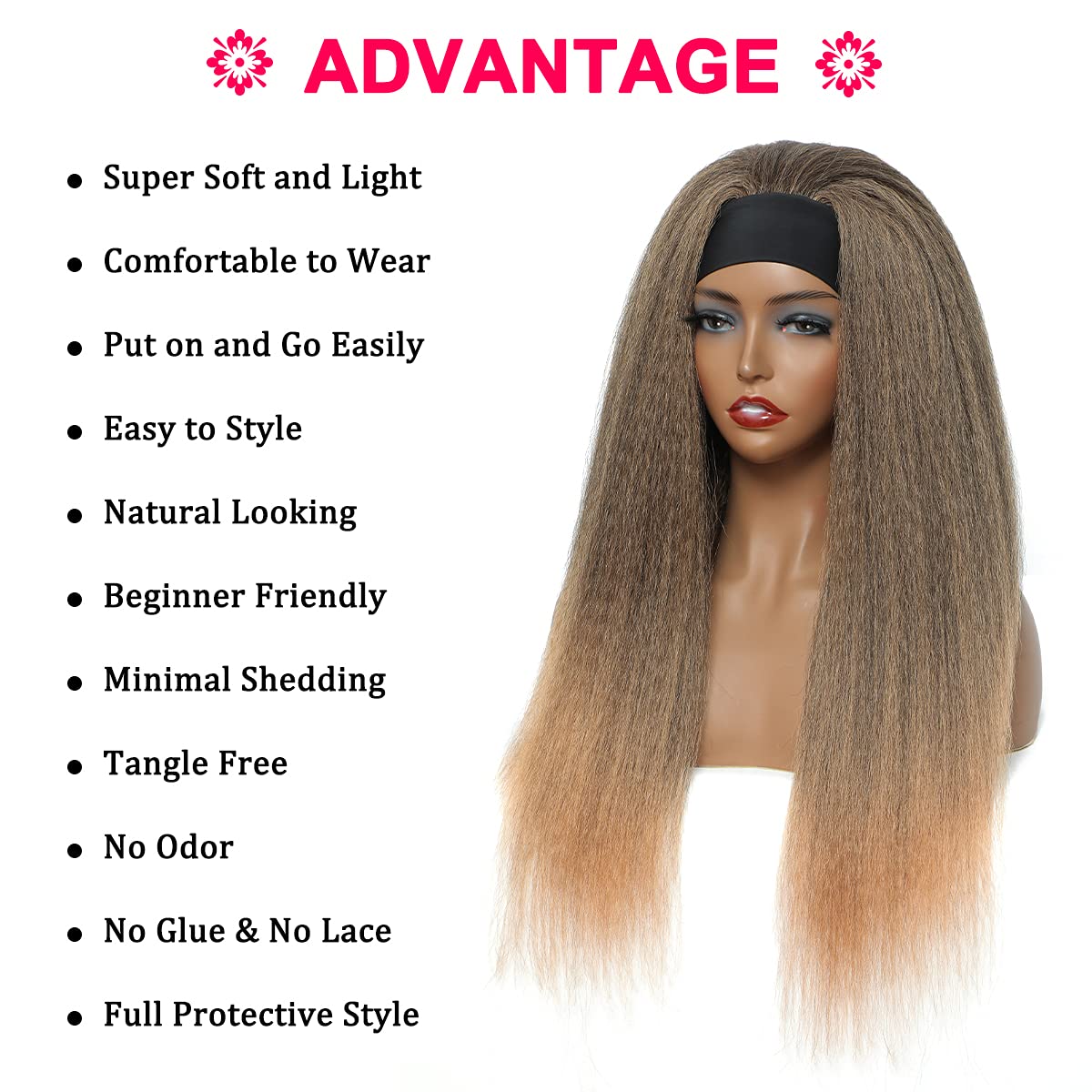 T27#  Kinky Straight Long Hair Headband Glueless Wig