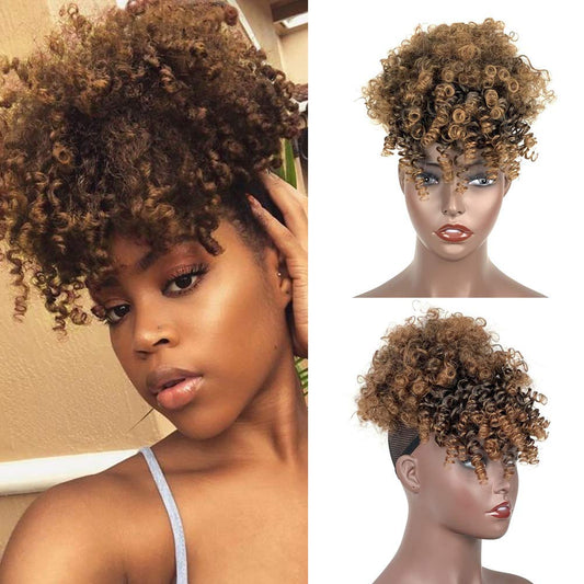 Light Brown Afro Puff Drawstring Ponytail with Bangs Wigs