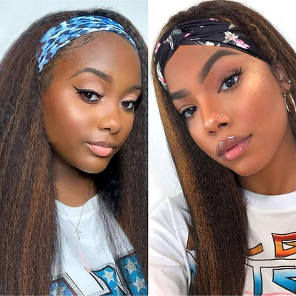 Black Mixed Brown Kinky Straight Long Hair Headband Glueless Wig