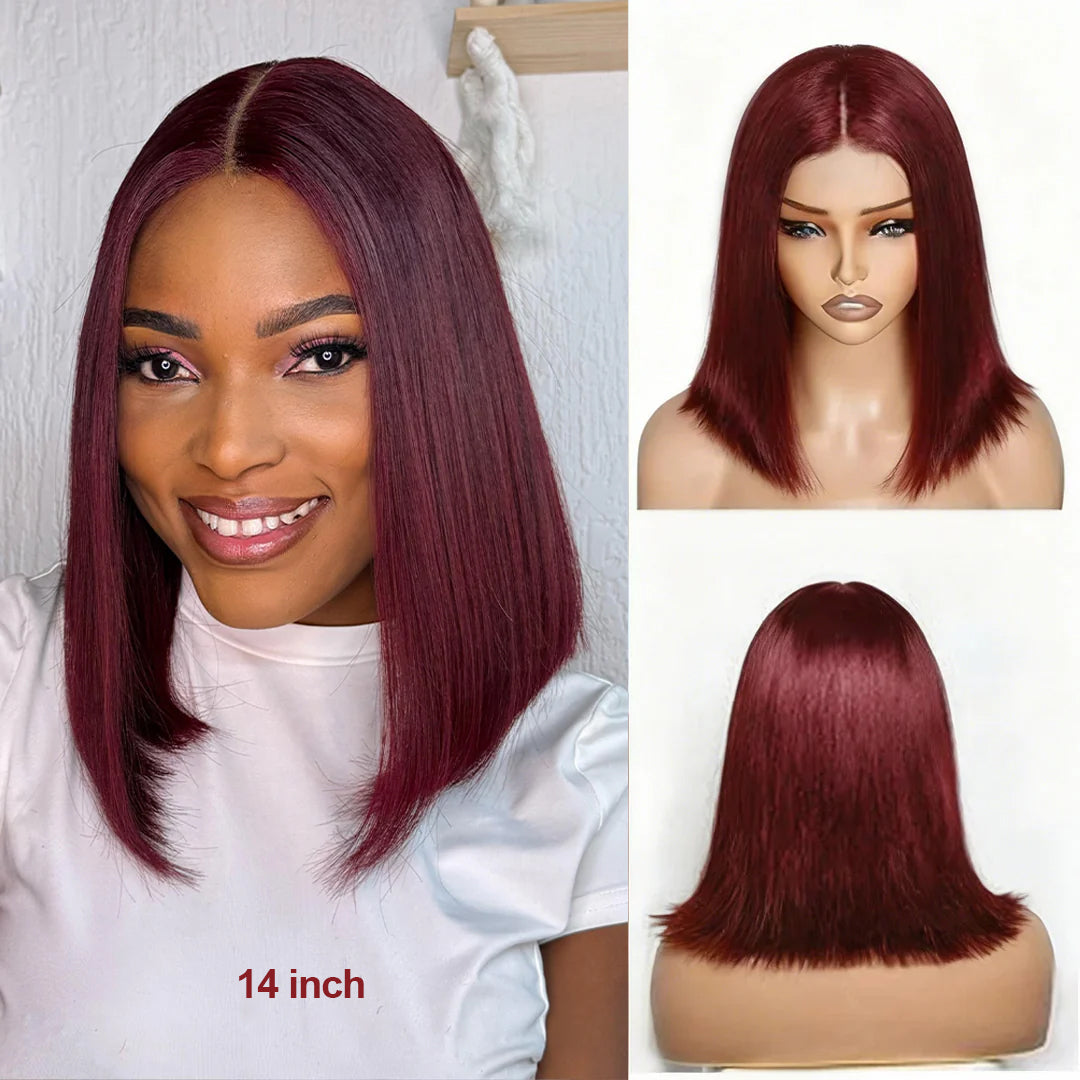 Blunt Cut Bob Wig 2x6/13x4 Lace Closure Straight #99J Red Colored Short Bob Wigs 220% Density