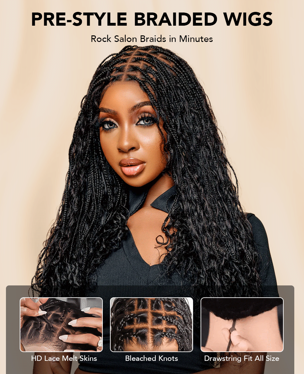 Knotless Boho Braided Curly Wigs Drawstring Full Frontal HD Lace Braided Glueless Wigs