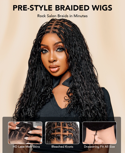 Knotless Boho Braided Curly Wigs Drawstring Full Frontal HD Lace Braided Lace Glueless Wigs
