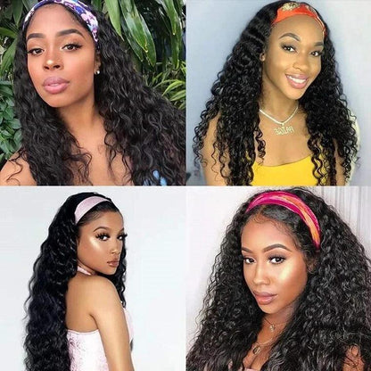 Natural Black Curly Long Hair Headband Glueless Wig