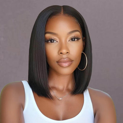 Blunt Cut Bob 2x6 Lace Closure Straight Wigs for Women Natural Black 220% Density