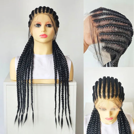 Black Braided Wig 26 Inch 11 Strands Cornrow Full Lace Wig 150% Density Glueless Wig