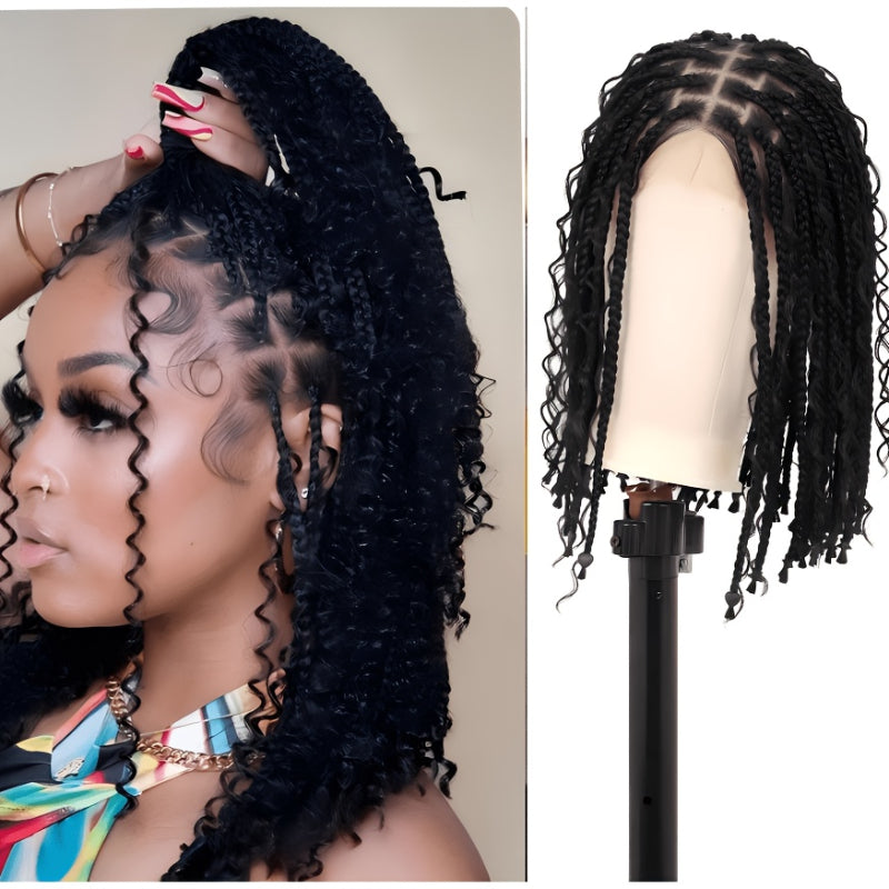 12-Inch Short Boho Braided Wigs for Women Featuring a Full Double Lace Knotless Design with Bohemian Curly Box Braids