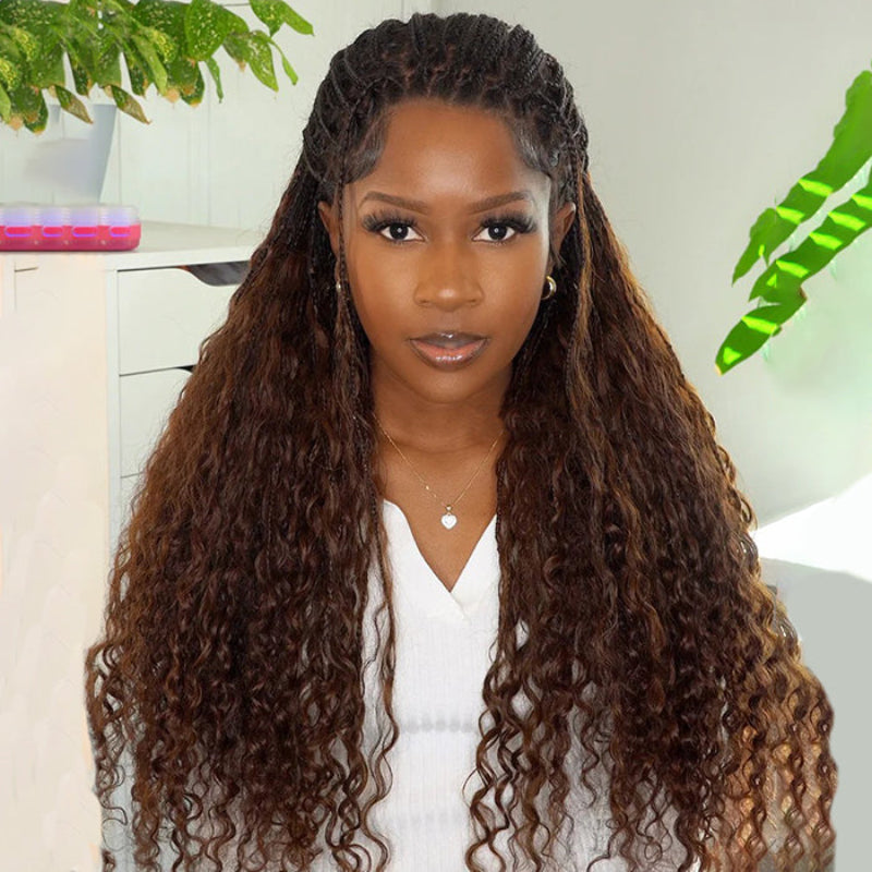 Glueless Pull Go Drawstring 13x6 HD Lace Frontal Colored Boho Braided Water Wave Wigs